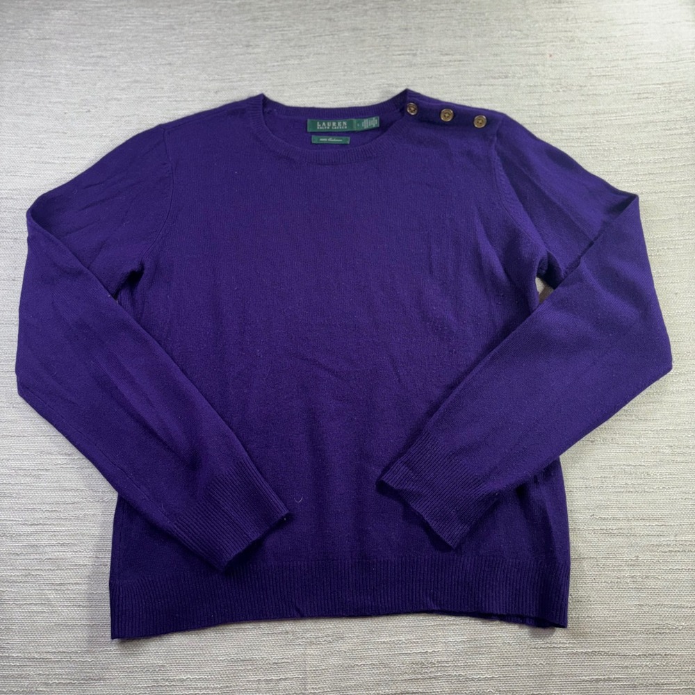 Lauren Ralph Lauren Purple 100% Cashmere Button Shoulder Sweater Large